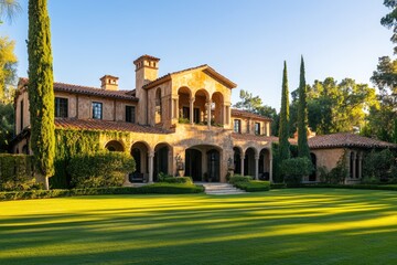 Fototapeta premium Elegant Mediterranean style with manicured lawn and cypress trees at sunset 