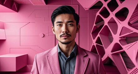 Caucasian man on pink theme innovative tech structure background design template banner with copy space