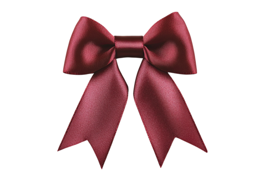 Beautiful deep red satin bow with flowing tails on a transparent background; looks like a gift wrap decoration