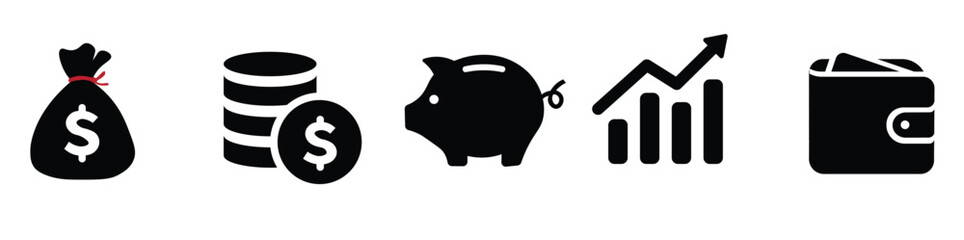 Finance icons. Business Icons, money signs. Money silhouette collection. Wallet with cards icon. Coins silhouette icon. Growth chart. Moneybag or stash. Piggy bank flat style.