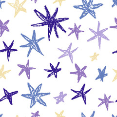 Crayon and chalk star doodles set. Childlike hand-drawn sparkles with textured wax pastel and pencil strokes. Seamless pattern design. Vector illustration
