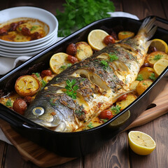 grilled fish with lemon and vegetables