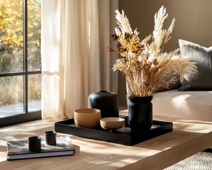 This living room embodies a soothing Scandinavian aesthetic, seamlessly blending simplicity and elegance The layered neutral palette creates a serene atmosphere, while the modern handmade vases add a
