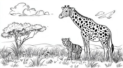 Giraffe and Tiger in Wild Nature