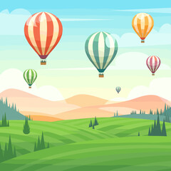 Obraz premium Colorful Hot Air Balloons Over Green Hills