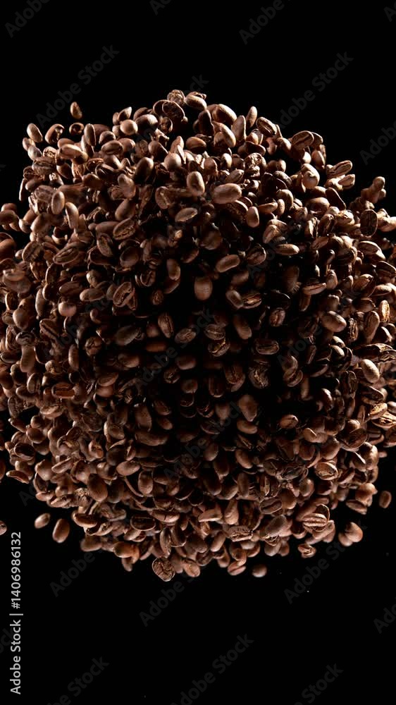 Poster super slow motion of rotating coffee beans. ultimate composition and motion. filmed on high speed ci