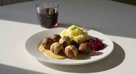 Plate of Swedish meatballs with mashed potatoes and lingonberry jam