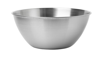 Empty stainless steel mixing bowl on white background