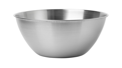 Empty stainless steel mixing bowl on white background