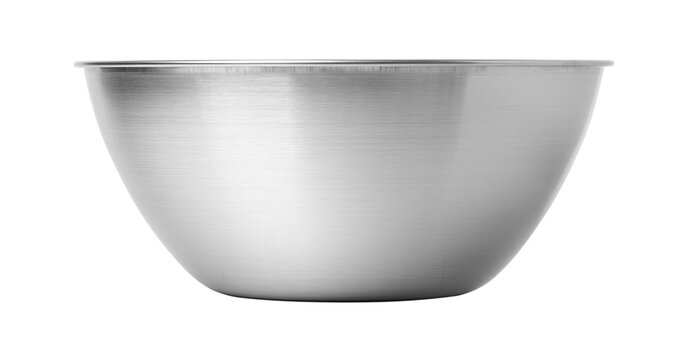 Empty stainless steel mixing bowl isolated on white background