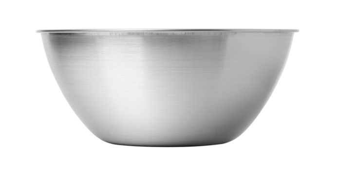 Empty stainless steel mixing bowl isolated on white background