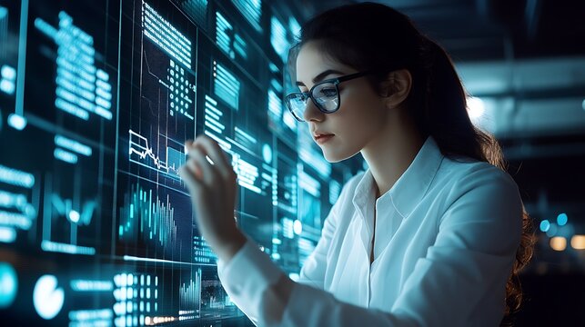 modern businesswoman reviewing digital data and analyzing graphs in office with dashboard reports analytics tools and professional corporate strategy concept