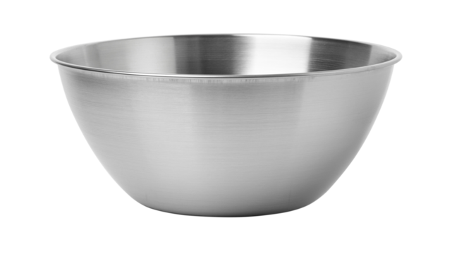 Empty stainless steel mixing bowl on white background