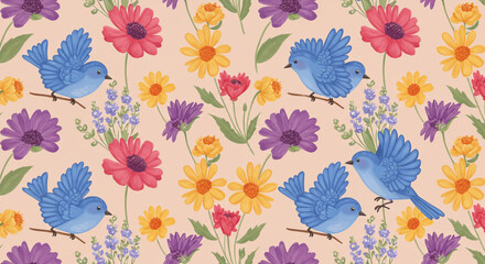 Obraz premium A cheerful springtime garden bursts with vibrant wildflowers and playful bluebirds, a delicate pastel palette creating a serene and joyful scene.