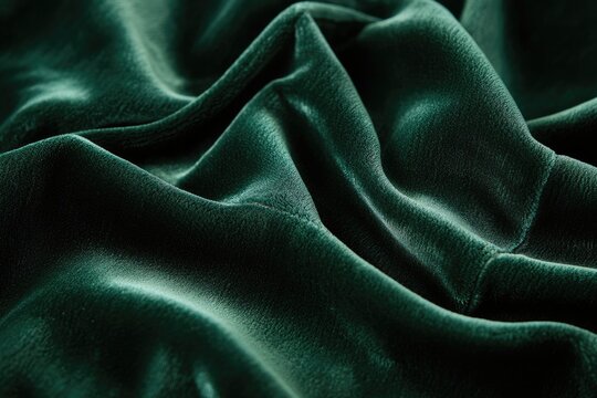 Luxurious emerald green velvet fabric with soft, flowing drapes and rich texture.