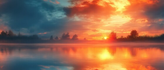 Lake reflects colorful sunrise sky with trees in the distance and fog.