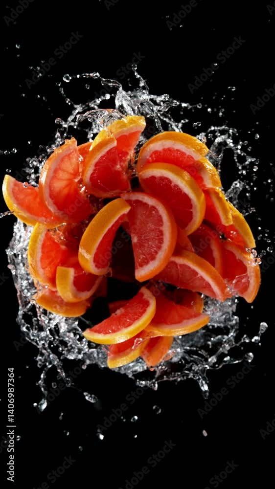 Poster Super slow motion of rotating Grapefruit slices with splash water, black background. Filmed on high speed cinema camera, 1000 fps. Vertical aspect ratio.