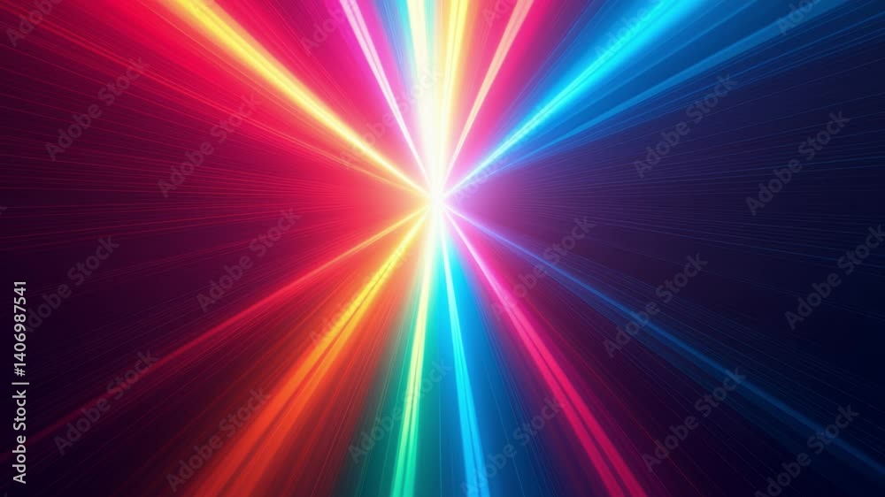 Poster Abstract dark background of light with stripes of colourful rays moving from the center