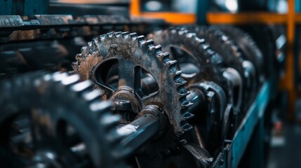 Fototapeta premium Industrial gears in warehouse close-up with shallow depth