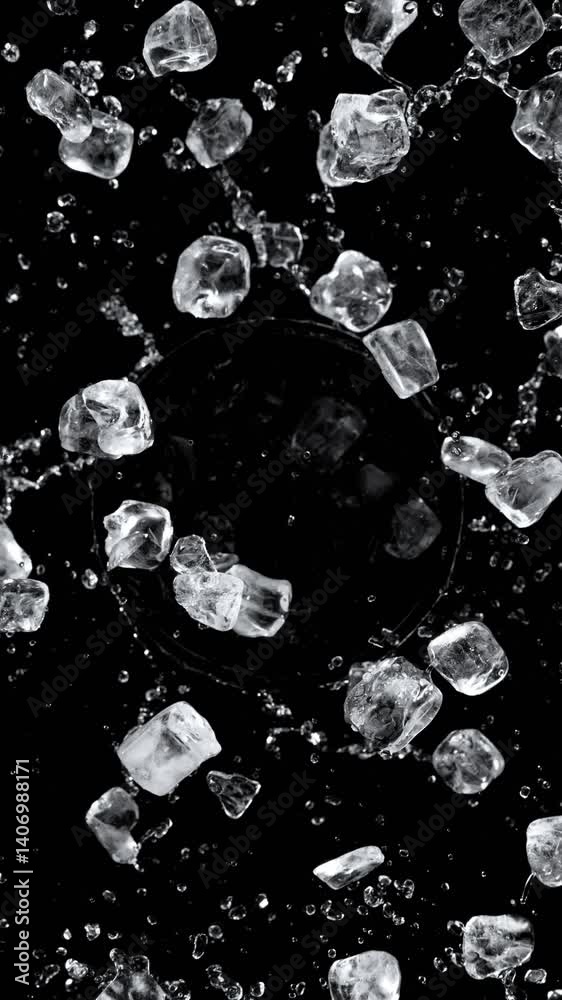 Aufkleber Super slow motion of rotating crushed ice, top view shot. Filmed on high speed cinema camera, 1000 fps. Isolated on black background. Vertical aspect ratio.