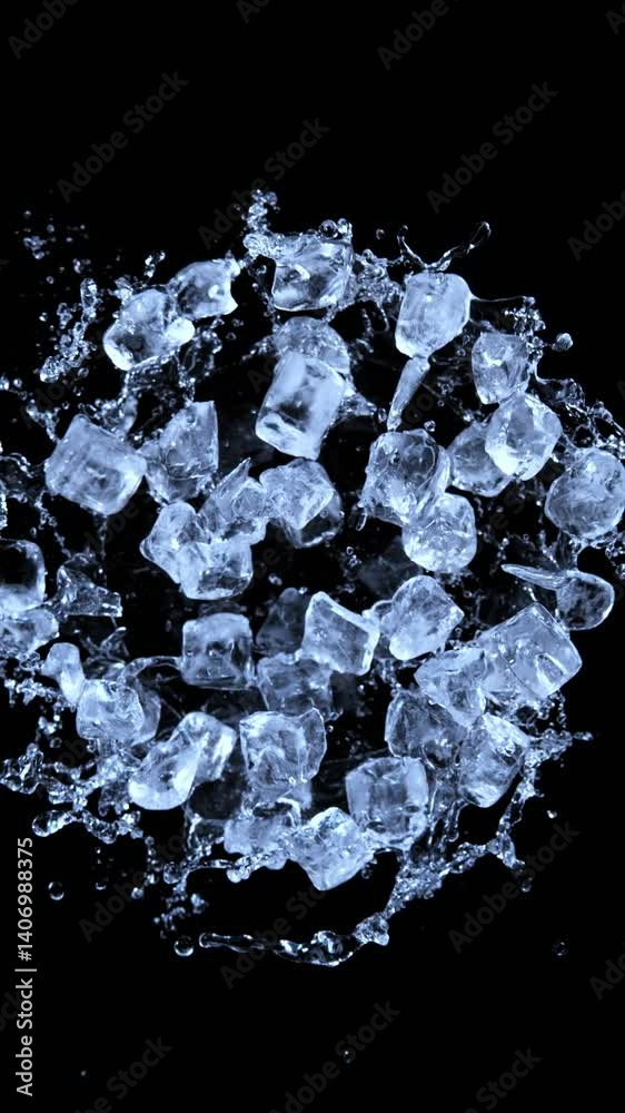Poster super slow motion of rotating ice cubes with splashing water, top view shot. filmed on high speed ci