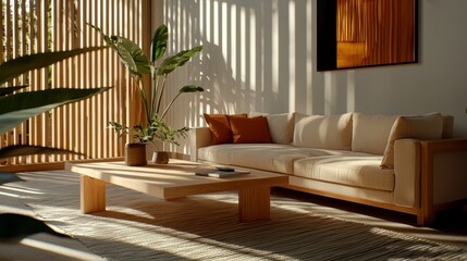 Fototapeta premium This serene Nordic living room embodies sustainable modern design principles, offering a tranquil space infused with light Organic textures and minimalist styling create an atmosphere of understated