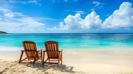 tropical seaside with comfortable chairs facing the sea beach holiday destination under clear sky and palm trees for perfect escape