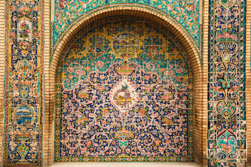 mosaic facade, decorative arch design, Persian tile arch, Colorful arches of Golestan Palace​, Mosaic patterns facade, Traditional Iranian arch design, Historical arch designs of Iran