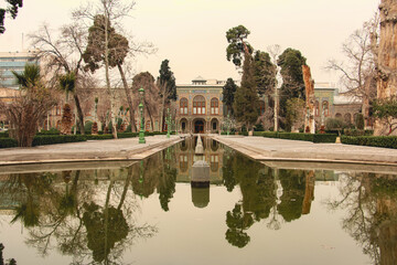 architecture reflection in water, Golestan Palace landscape, Palace reflection in water, Landscape view of Golestan Palace, Persian garden with palace reflection, Historical architecture