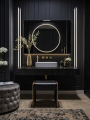 A modern bathroom interior with mirror lights and accessories is visible