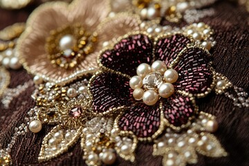 Intricate beaded floral embroidery on brown fabric, showcasing pearls, crystals, and gold accents.