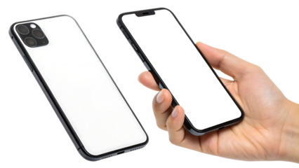 hands holding two smartphones front and back view isolated on white background