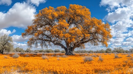 Fototapeta premium Large tree with orange leaves stands in a field under a blue cloudy sky.