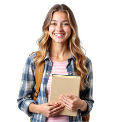 Smiling female teen student with books and a backpack isolated on transparent background. Perfect for back-to-school, education, or campus life designs. Bright, cheerful mood.