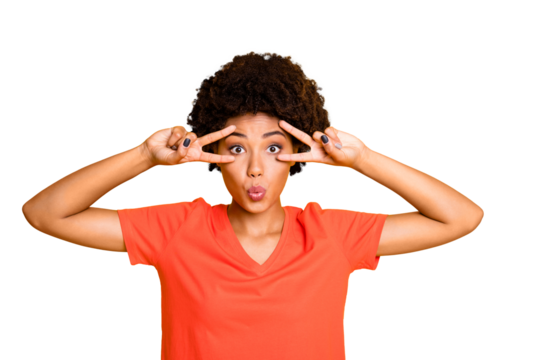 Photo of funny cute pretty nice black girlfriend showing you double v-sign near her eyes with her lips pouted while isolated over yellow bright color background
