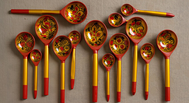 Khokhloma Spoons Set: Clip art for Russian-themed menus, postcards, and cultural event announcements. Day of Russia art, Russian culture.