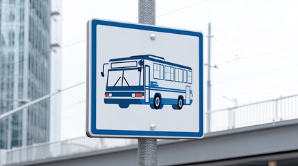 Fototapeta premium Urban bus stop sign with blue bus icon mounted on metal pole in city