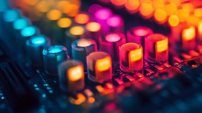 close up view of microprocessor on electronic circuit board with colorful led lights representing digital processor hardware design and modern computing innovation