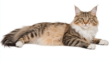 Majestic Maine Coon Cat Lying Gracefully on a White Background