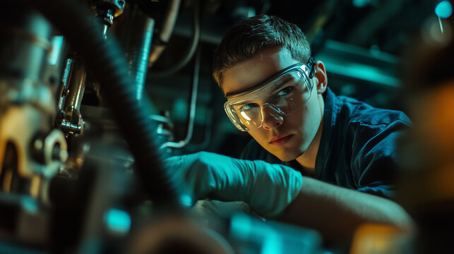 Factory worker wears safety goggles while inspecting machinery during a late shift in an industrial facility - Powered by Adobe