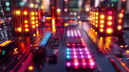 Obraz premium colorful microprocessor chip on circuit board with glowing leds in close up showing computer hardware engineering detail and futuristic electronic technology concept