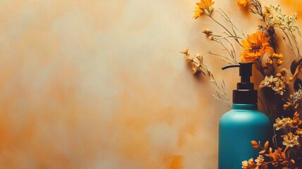 A blue lotion bottle sits next to vibrant flowers on a warm orange backdrop, creating a calming and aesthetic atmosphere
