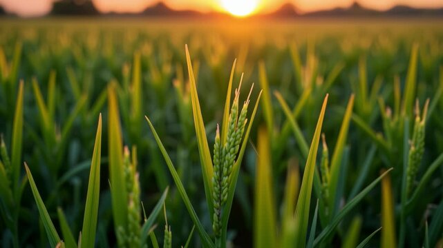 Green rice fild with evening sky