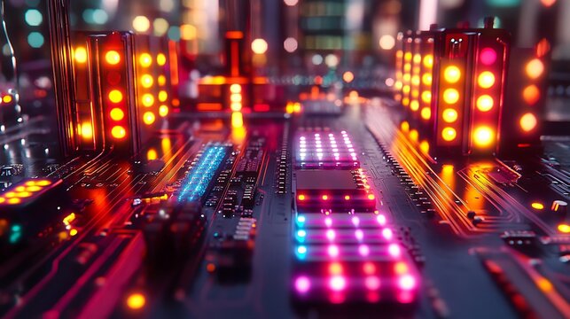 colorful microprocessor chip on circuit board with glowing leds in close up showing computer hardware engineering detail and futuristic electronic technology concept