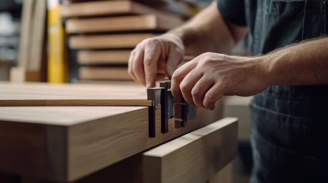 Cabinet maker assembling custom wood cabinetry for a luxury apartment. Featuring craftsmanship and detail