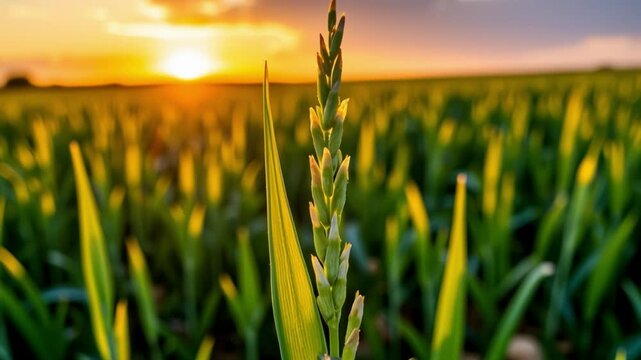 Green rice fild with evening sky