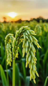 Green rice fild with evening sky