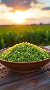 Green rice fild with evening sky