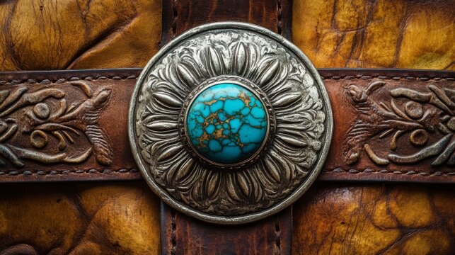 Closeup of Turquoise and Silver Concho on Brown Leather