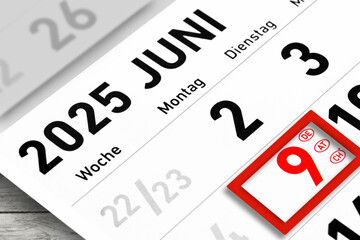 Deutscher Kalender Datum 9. Juni  2025 Pfingsten Pfingstmontag